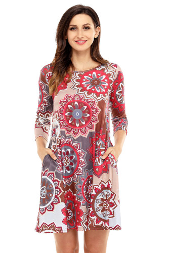 Bohemian Sunflower Print Grey Brown Dress