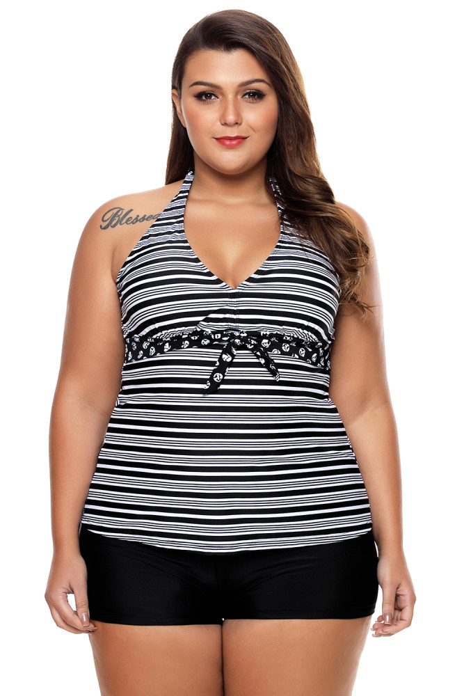 Monochrome V Neck Stripe Print Halter Tankini Swimsuit