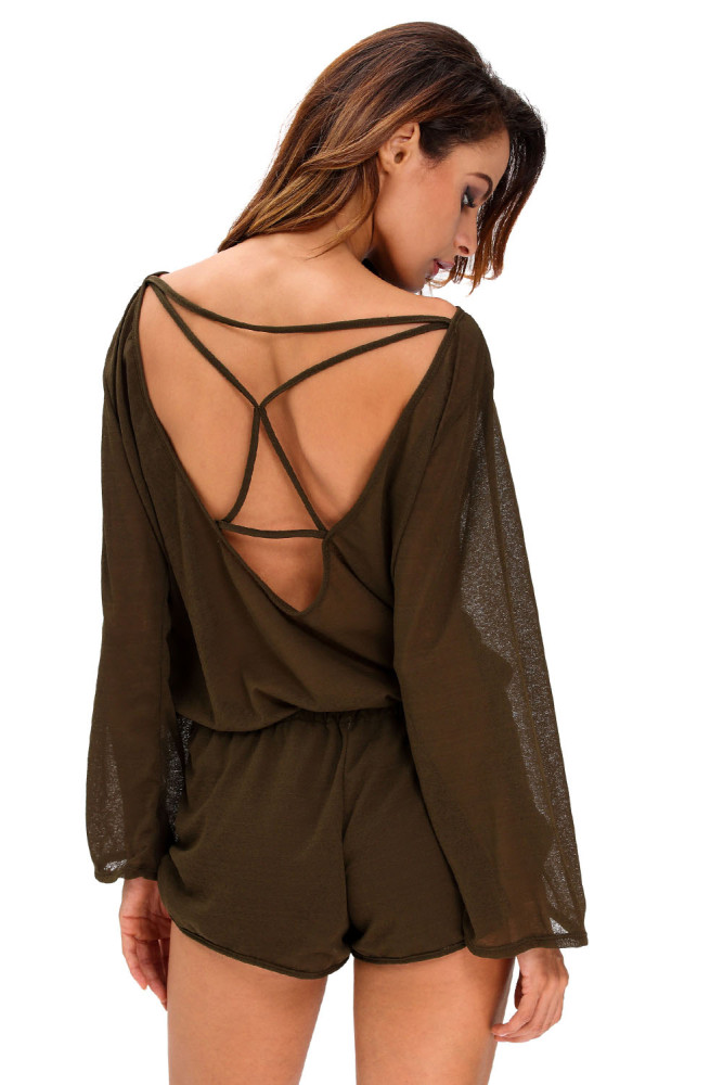 Army Green Oversize Bodice Long Sleeve Hollow-out Back Romper