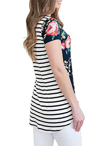 Navy Floral and Striped Casual T-shirt