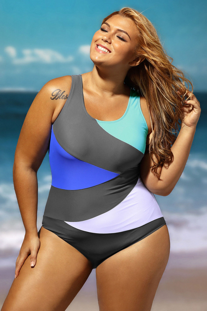 Sexy Color Block Front Lace up Gray One Piece Swimsuit