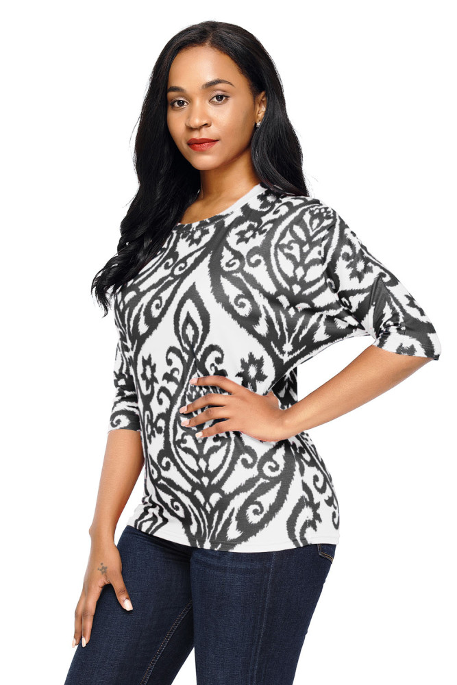 White Black Damask Print Half Sleeve Top