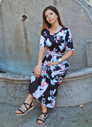 Casual Pocket Design Black Floral Dress