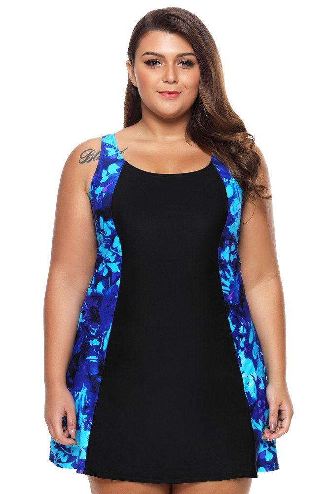 Bluish Print Black Panel Front A-line Swimdress