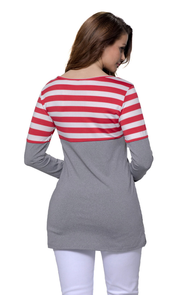Red White Stripes Color Block Long Sleeve Blouse Top