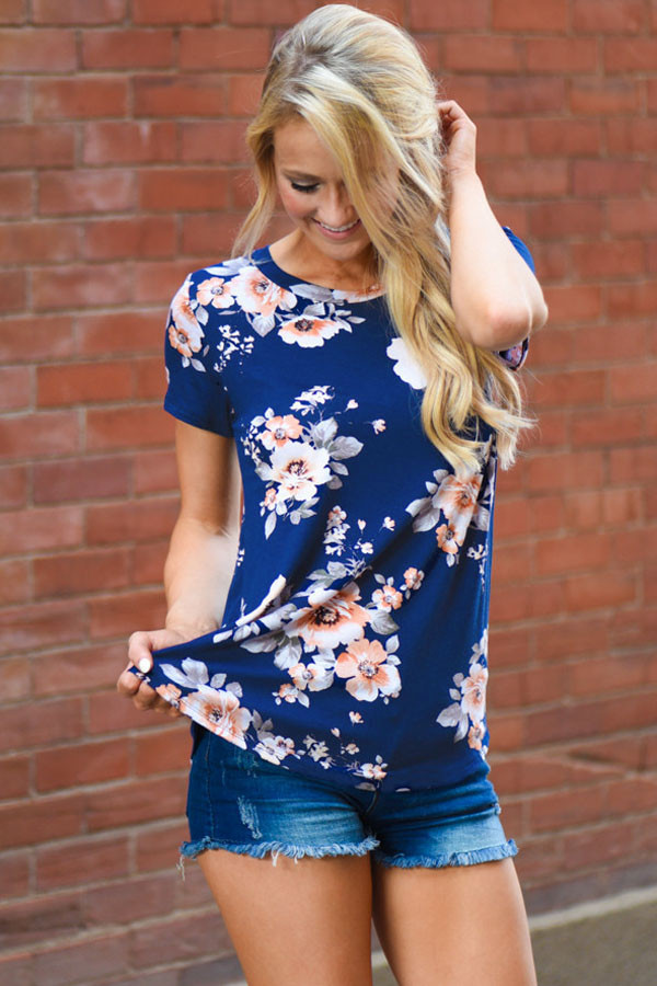 Royal Blue Short Sleeve Round Neck Floral Printed T-shirt