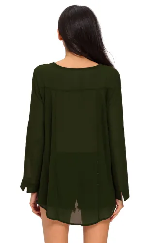 Olive V-Neck Button Detail Dip Back Blouse Top