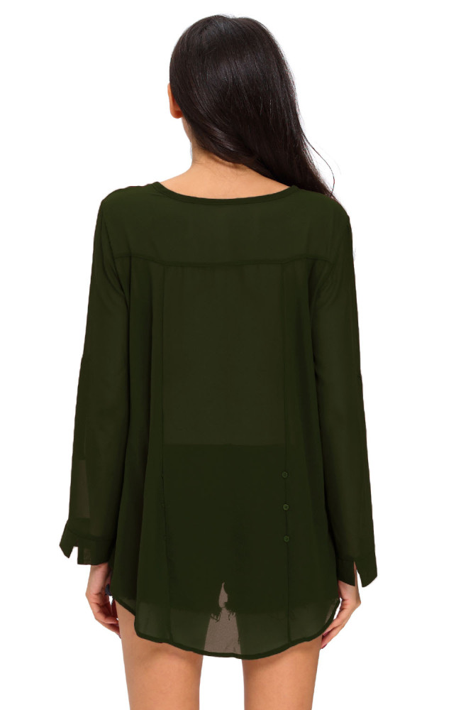 Olive V-Neck Button Detail Dip Back Blouse Top