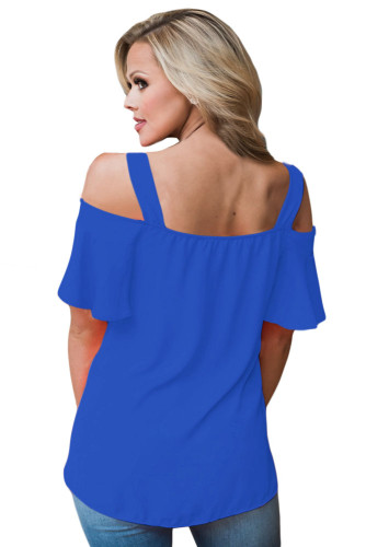 Blue Open Shoulder Ruffle Sleeve Asymmetric Hem Top