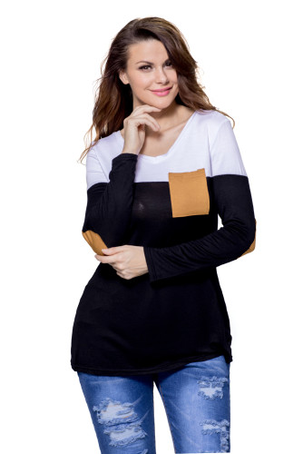 Black White Color Block Patch Insert Long Sleeve Blouse Top
