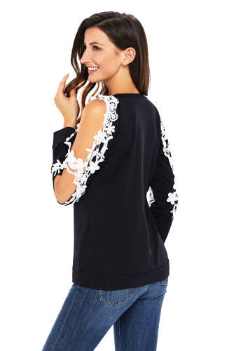 Lace Trim Cold Shoulder Black Long Sleeve Top