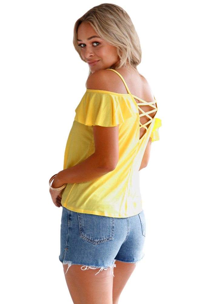 Yellow Crisscross Back Ruffle Cold Shoulder Top