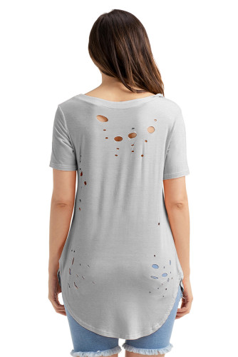 Light Grey Crisscross Neckline Distressed Cotton T-shirt
