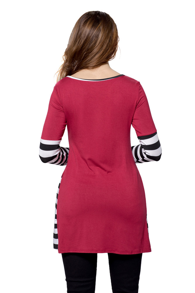 Wine Striped Patchwork Insert Long Sleeve Blouse Top
