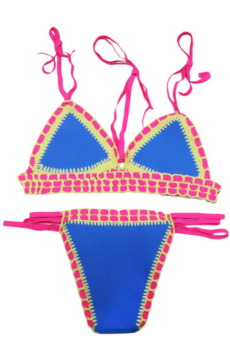 Strappy Halter Crochet Trimmed Blue Neoprene Swimsuit