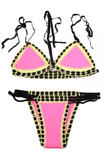 Strappy Halter Crochet Trimmed Pink Neoprene Swimsuit