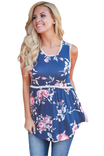 Navy Blue Floral Pompom Lace Trim Flowy Tank Top