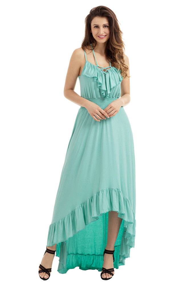 Mint Green Lace Up V Neck Ruffle Trim Hi-low Maxi Dress