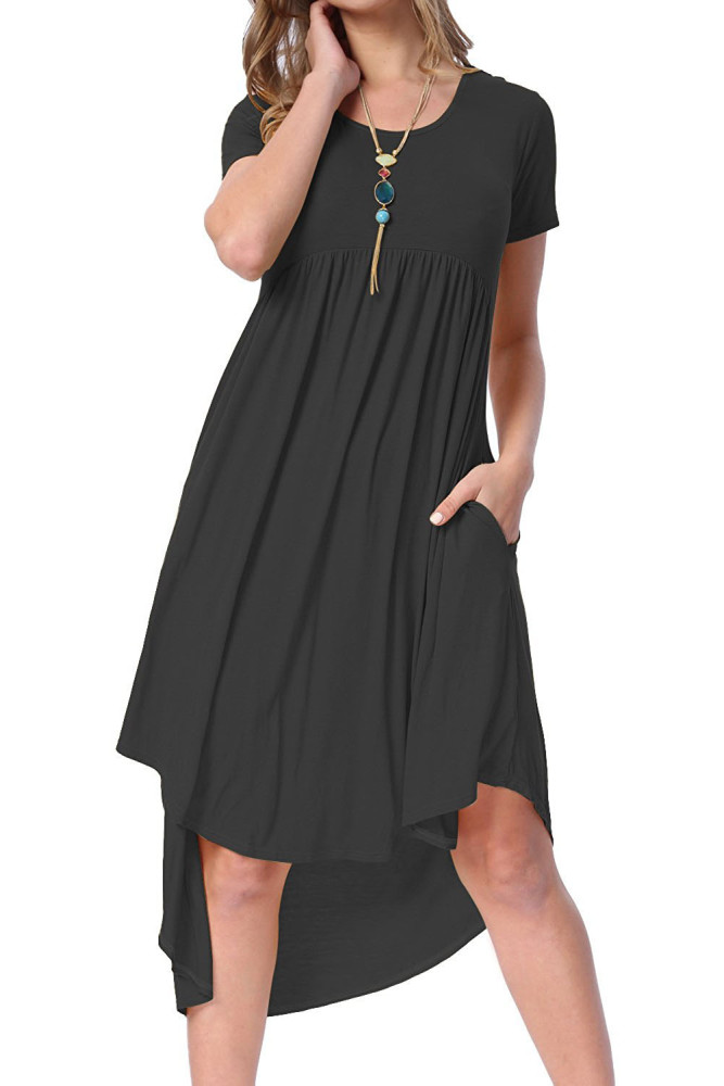 Black Short Sleeve High Low Pleated Casual Swing Dress