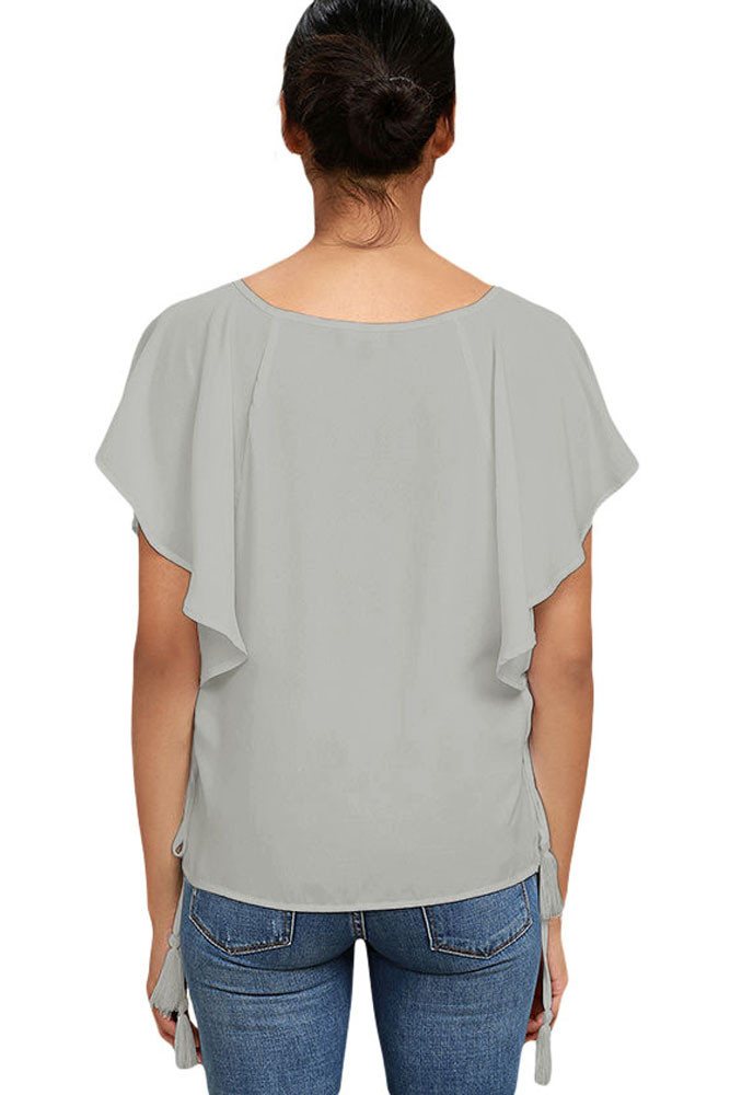 Gray Butterfly Sleeve Top with Tasseled Ties