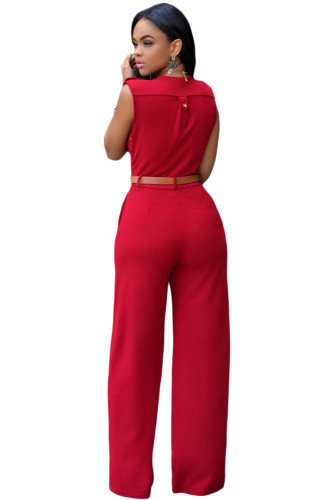 Red V Neck Belt Embellished Jumpsuit