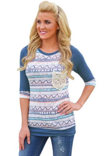 Blue Raglan Sleeve Lace Pocket Detail Printed Top