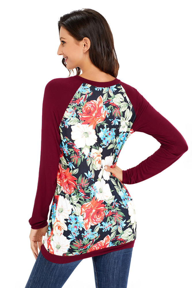 Burgundy Raglan Sleeve Floral Top