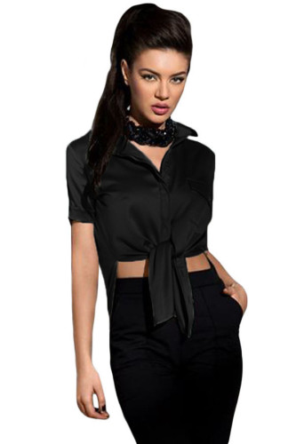 Black Button Up Side Slit Short Sleeve Shirt