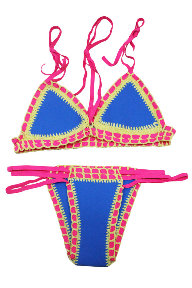 Strappy Halter Crochet Trimmed Blue Neoprene Swimsuit