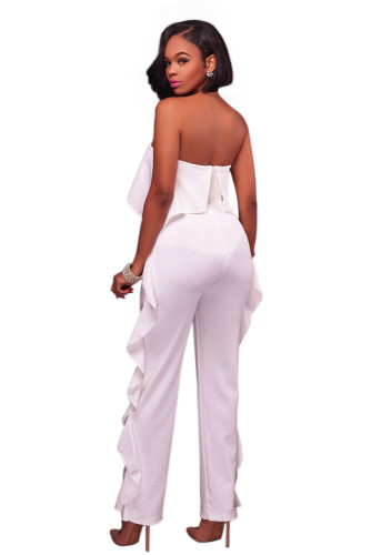 White Delicate Ruffle Trim Strapless Jumpsuit