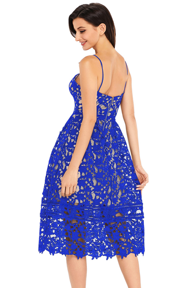 Royal Blue Lace Hollow Out Nude Illusion Party Dress