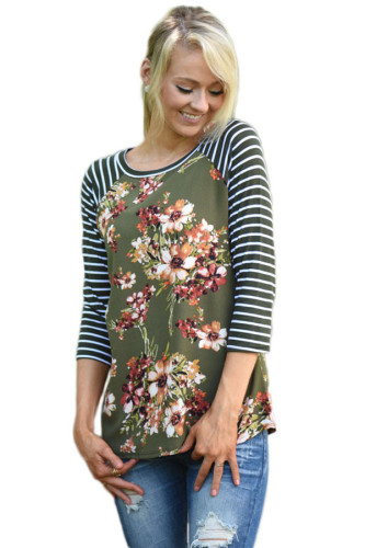 Olive Striped Sleeves Floral Top