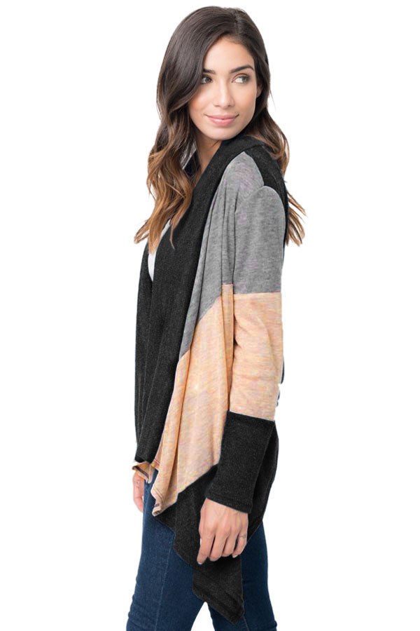 Black Shawl Neck Colorblock Long Sleeve Cardigan