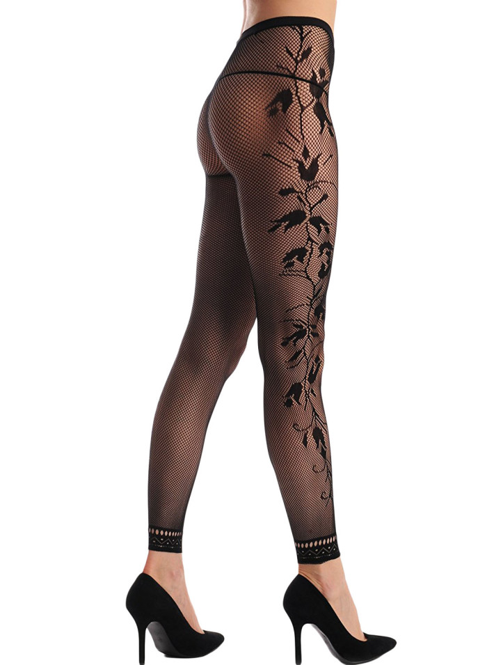Black Fishnet Floral Opaque Footless Tights Pantyhose
