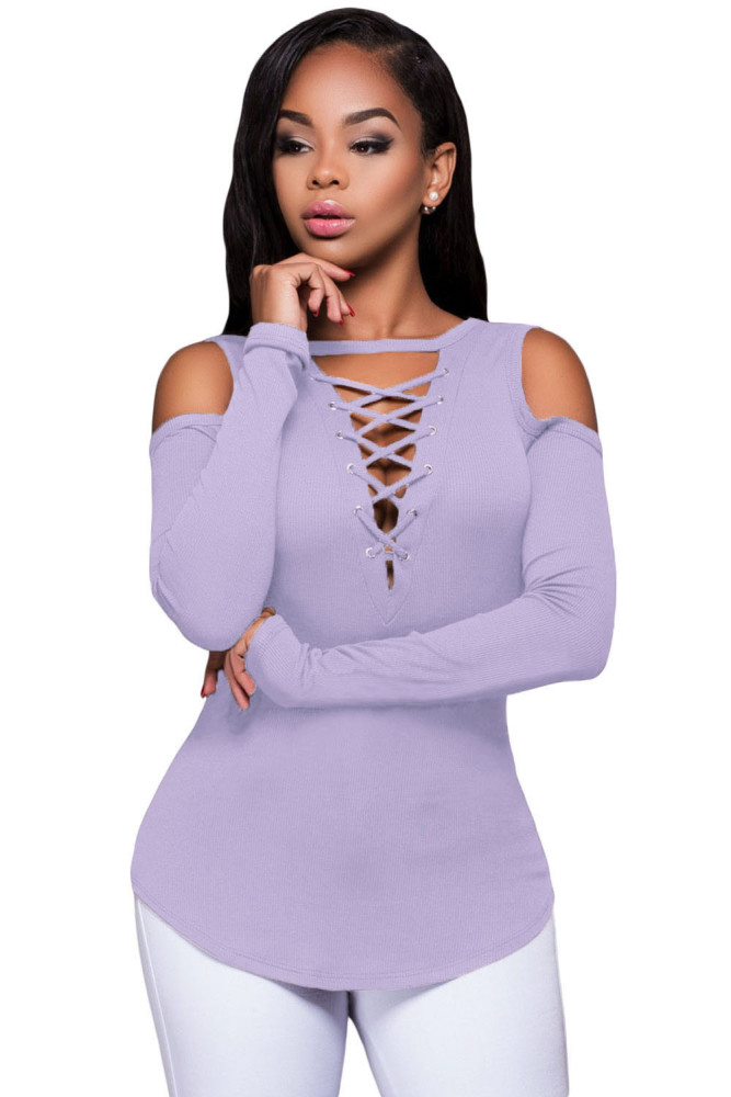 Purple Long Sleeve Cut-out Shoulder Ribbed Top