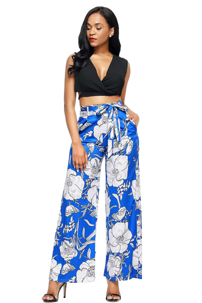 Blue White Floral Print Palazzo Pants