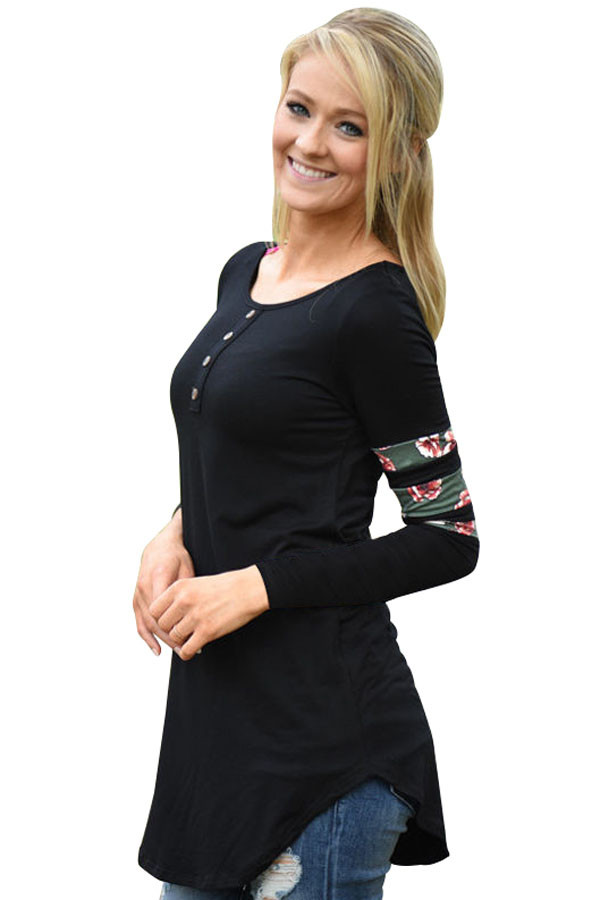Black Floral Print Splice Sleeve Pullover Blouse