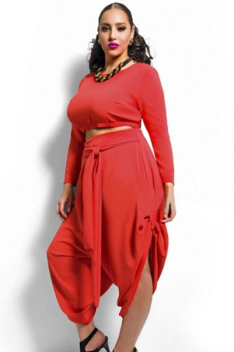 Red Plus Size Crop Top Draped Convertible Pants Set