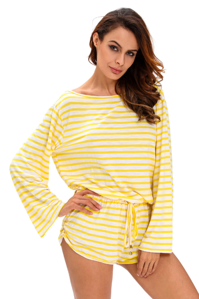 Yellow White Batwing Stripe Cover-Up Romper