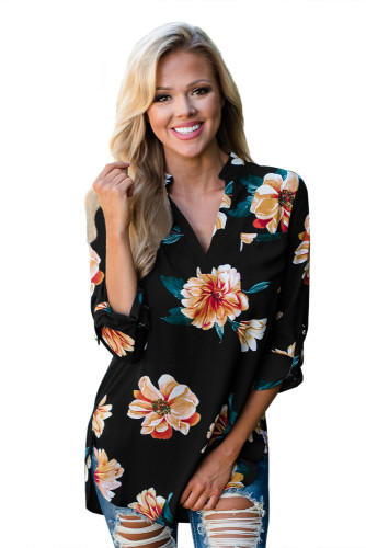 Black Floral Print High Low Chiffon Blouse