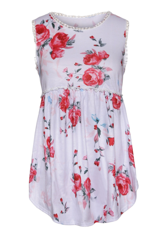White Floral Pompom Lace Trim Flowy Tank Top