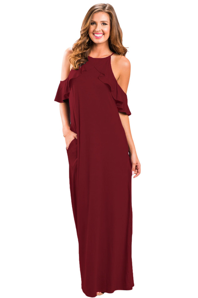 Wine Ruffle Sleeve Cold Shoulder Maxi Dress