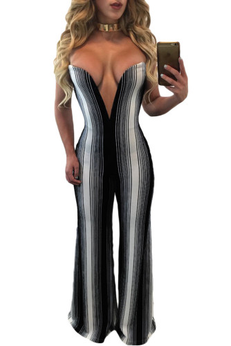Black White Stripes Plunging V Neck Jumpsuit