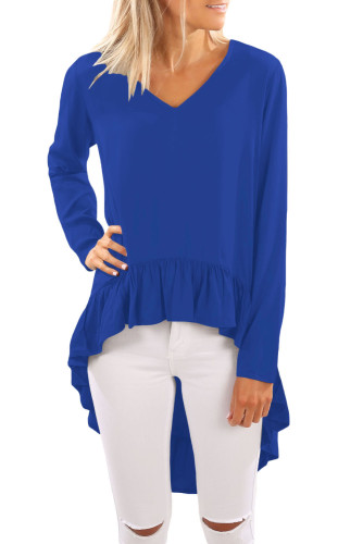 Blue V Neck Longer Frilled Hemline Back Top
