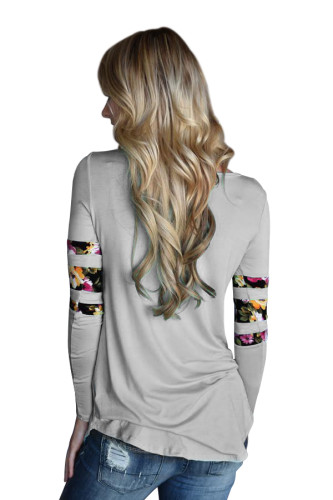 Gray Floral Print Splice Sleeve Pullover Blouse