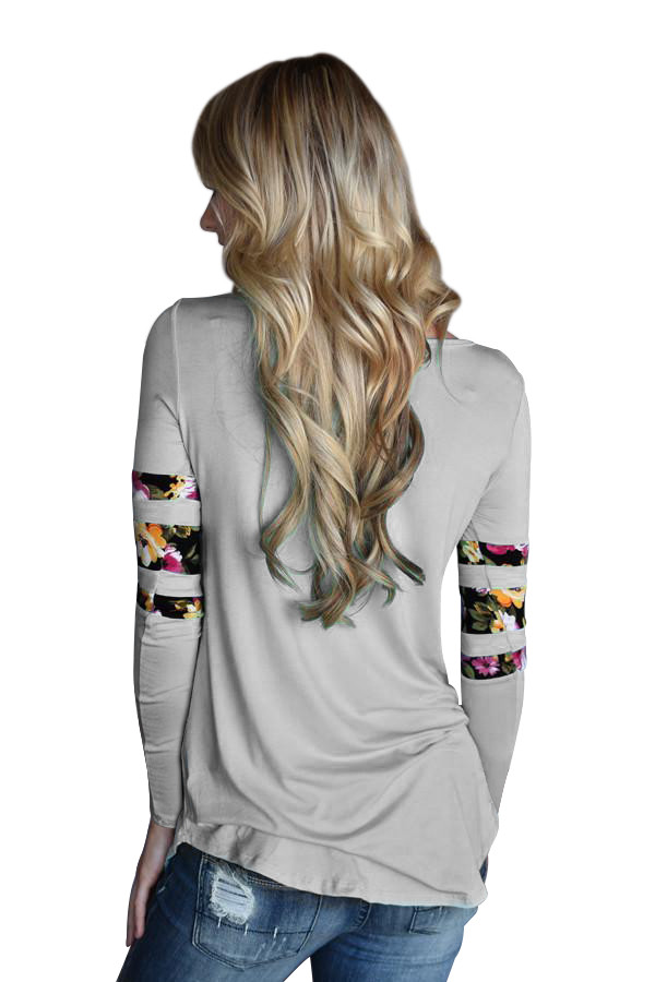 Gray Floral Print Splice Sleeve Pullover Blouse