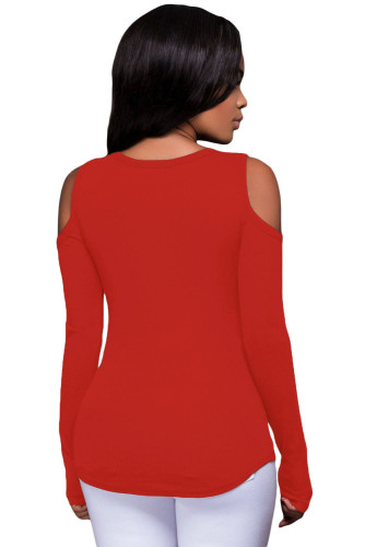 Red Long Sleeve Cut-out Shoulder Ribbed Top