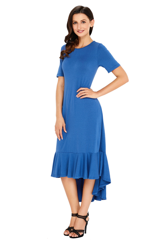 Slate Blue Flowy Ruffles Short Sleeve Casual Dress