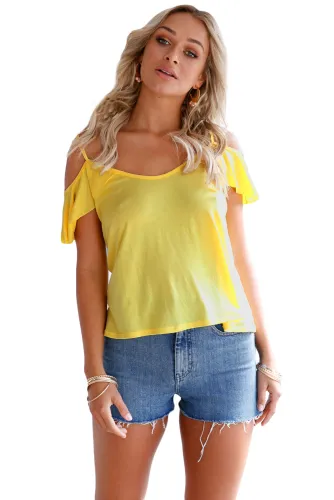 Yellow Crisscross Back Ruffle Cold Shoulder Top