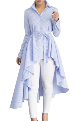Light Blue Striped Lapel Shirt High Low Belted Blouse Top